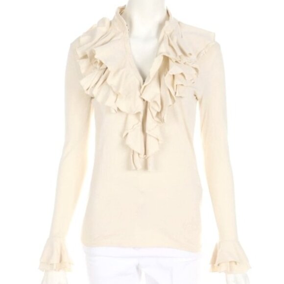NEW, Ralph Lauren Sport Pima Cotton Ruffle Neck Long Sleeve Blouse - Picture 3 of 16